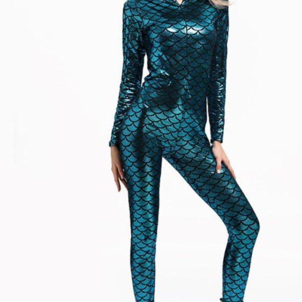 Mermaid Scale Print Hoodie Full Body Jumpsuit